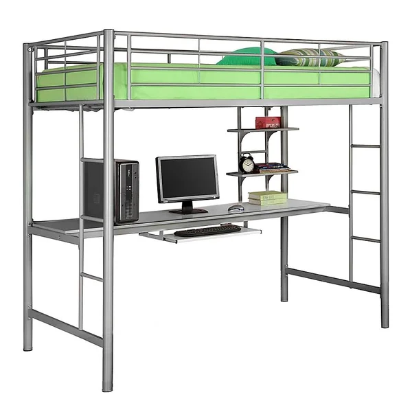 Forest Gate Riley Twin Metal Loft Bed with Workstation in Silver