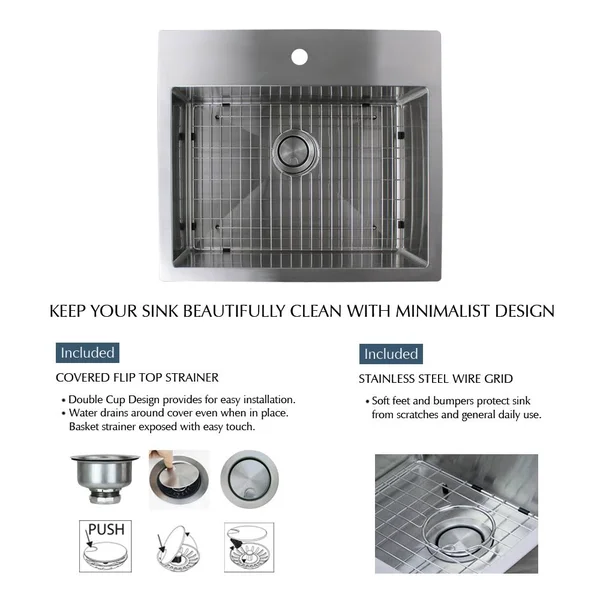 Transolid Diamond Dual Mount Stainless Steel 25 in. 2-Hole Single Bowl Kitchen Sink in Brushed