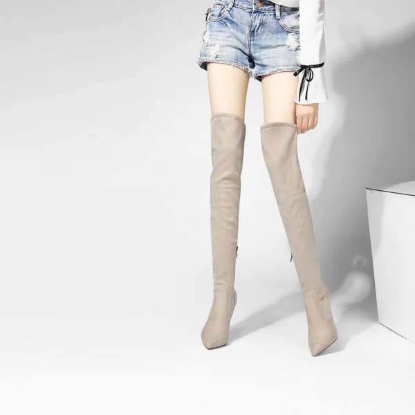 Beige Women's Dress Pull-On Boots Stretch Over-The-Knee Boots Size 4