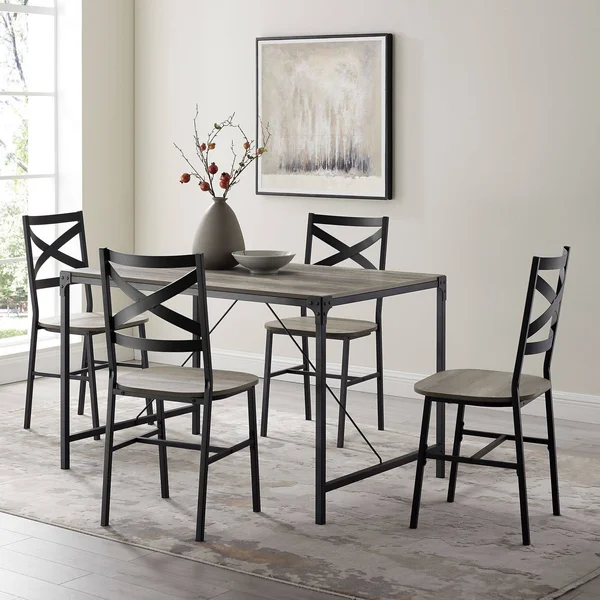 Walker Edison 5 Piece Rustic Angle Iron Dining Set Grey Wash