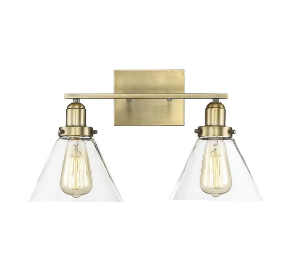 2 Light Bath Bar - Farmhouse Style with Vintage and Industrial inspirations - 10 Inches Tall by 17.75 Inches Wide Warm Brass Fin