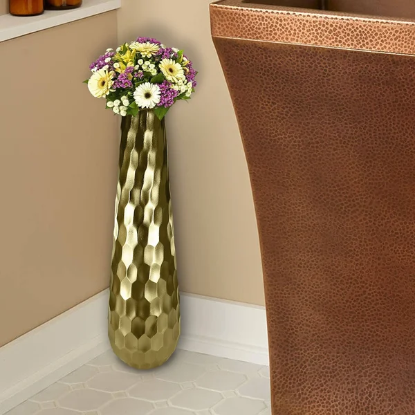 Benjara Metal Vase with Hammered Textured Surface, Gold