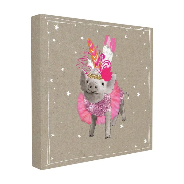 The Stupell Home Decor Collection Fancy Pants Piglet in Pink Tutu and Feathers XL Stretched Canvas Wall Art, 30 x 1.5 x 30, Size