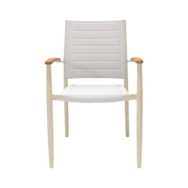 Armen Living LCPLCHNAT Portals Outdoor Coral Sand Aluminum Stacking Dining Chair with Teak Arms - Set of 2