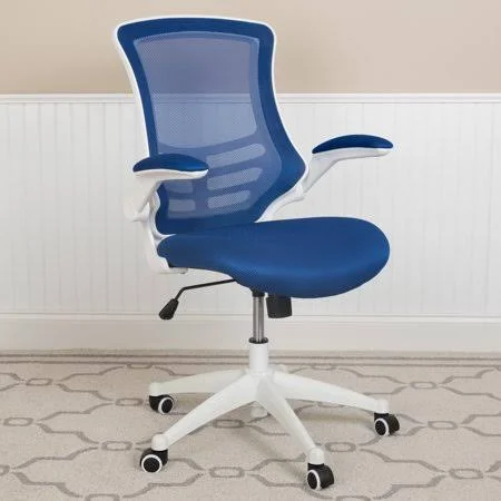 Mid-Back Blue Mesh Ergonomic Task Office Chair, White Frame - Flip-Up Arms, Size: 24.5w x 25.5D x 37.5 - 41.25H