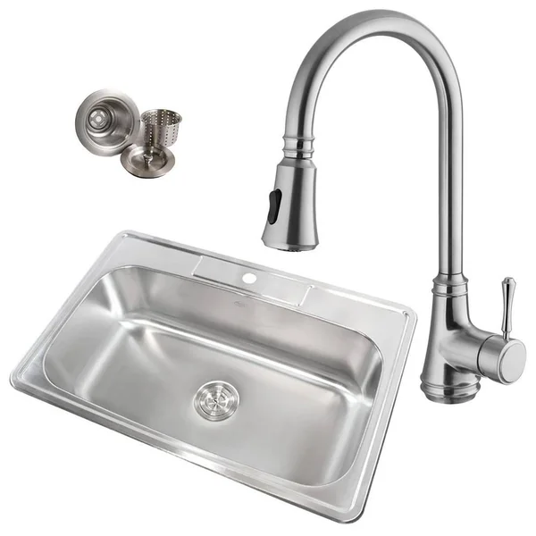 eModernDecor Topmount Drop-In 18-Gauge Stainless Steel 33 in. x 22 in. x 9 in. 1-Hole Single Bowl Kitchen Sink with Faucet, Silv