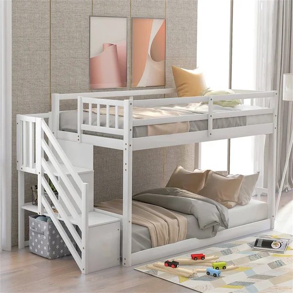 Twin Over Twin Floor Bunk Bed - Ladder with Storage - White