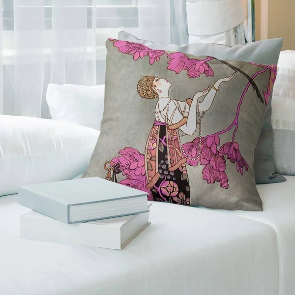 Porch & den George Barbier &Woman in Gray& Throw Pillow - 14 x 14 - Pink & Gray - Polyester