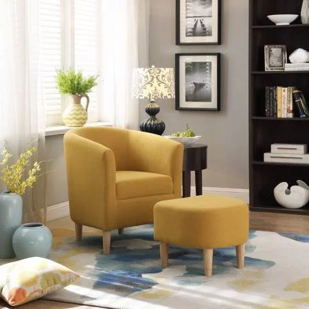 Modern Accent Arm Chair Upholstered Chair Fabric Single Sofa + Ottoman Foot Rest Yellow, Size: 25.6