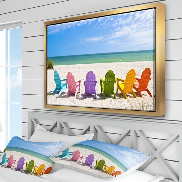 Designart &Adirondack Beach Chairs& Seashore Photo Framed Canvas Art Print - 20 in. Wide x 12 in. High - White