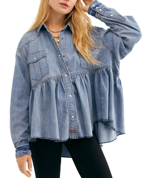 Free People Dylan Babydoll Snap Front Chambray Frayed Hem Blouse, Womens, L, Chambray