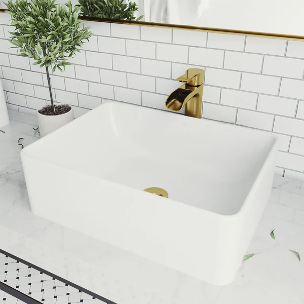 Vigo Matte Stone Amaryllis Composite Rectangular Vessel Bathroom Sink in White with Faucet and Pop-Up Drain in Matte Gold VGT146