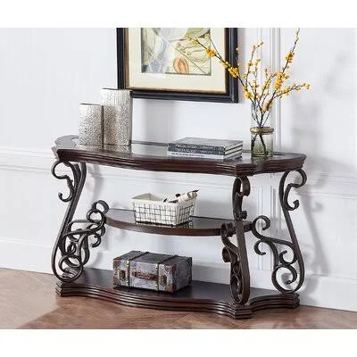 Console Table, Sofa Table, Glass Table Top, MDF w/Marble Paper Middle Shelf, Powder Coat Finish Metal Legs. (54x22Lx20x22Wx30x22H