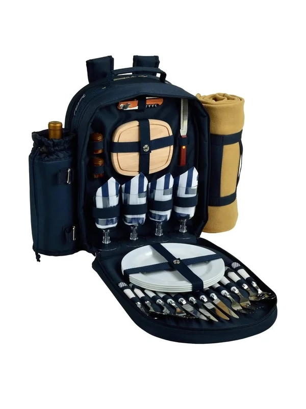 Picnic at Ascot 4 Person Picnic Backpack with Blanket - Navy/Chevron