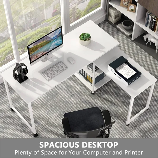 55 inch Corner Computer Desk, Reversible L-Shaped Desk 360癛otating - Black