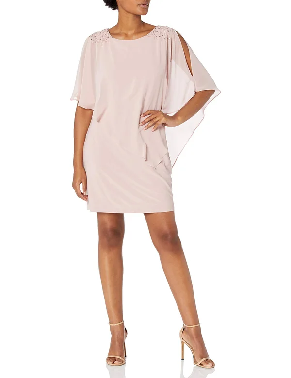 Slny Faded Rose Women's Asymmetrical Cape with Beaded Shoulder Dress