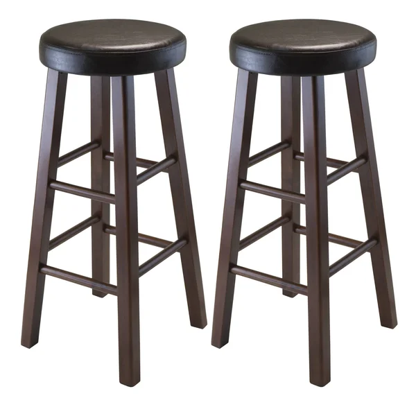 Set of 2 Black and Brown Round Bar Stool with PU Leather Cushion Seat and Square Legs 25.25x22