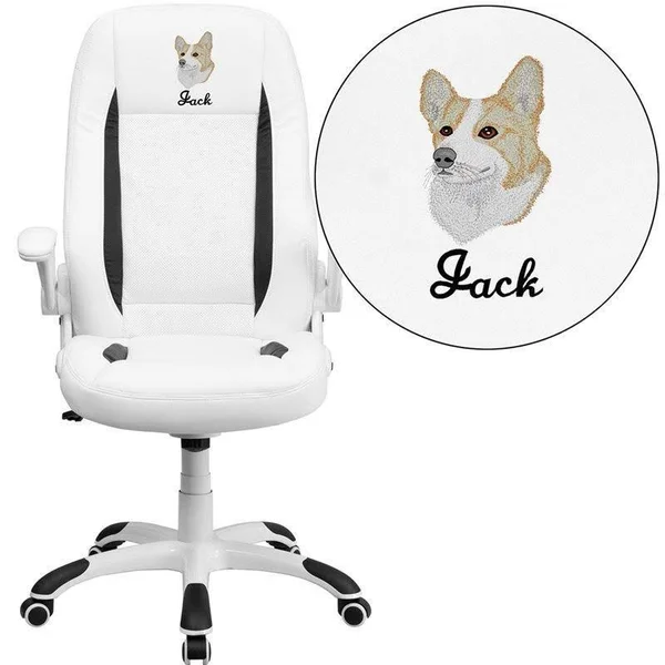 Flash Furniture CH-CX0176H06-WH-EMB-GG Embroidered High Back White Leather Executive Swivel Chair with Flip-Up Arms