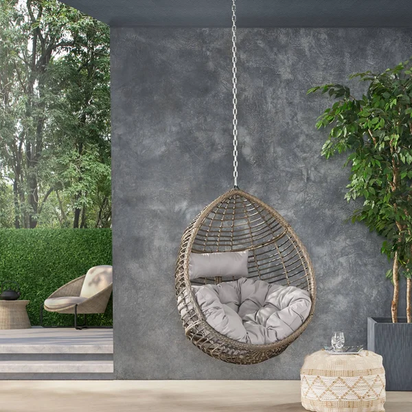 Hempstead Indoor/Outdoor Wicker Hanging Teardrop, Egg Chair (No Stand) Multi-Brown/Khaki