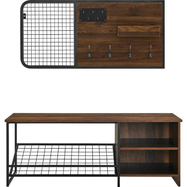 Walker Edison Modern Entry Bench with Shoe Storage and Wall Organizer Set - Dark Walnut