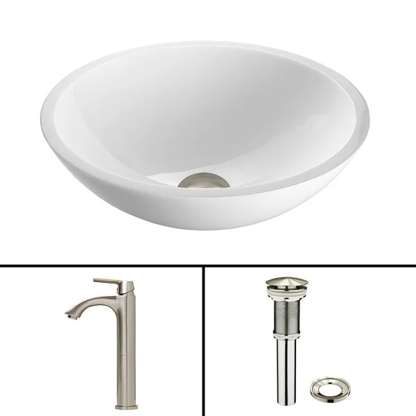 Vigo VGT451 Brushed Nickel Flat Edged White Phoenix Stone Vessel Sink and Linus Faucet Set