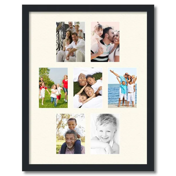 Collage Picture Frame - Satin Black Frame with 7 openings for 5x7 Photos with Ivory Off White Mat. D3926FZ2226, ArtToFrames