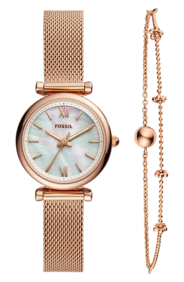 Fossil Women's Carlie Mini Rose Gold-Tone Stainless Steel Mesh Bracelet Watch Box Set 28mm - Rosegold