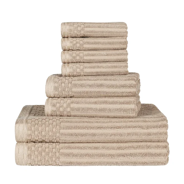 Superior Ribbed Textured Cotton 8-Piece Ultra-Absorbent Towel Set, Ivory
