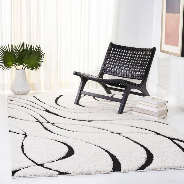 Safavieh Florida Shag Sigtraud Abstract Waves 1.2-inch Thick Rug - 11& x 15& - Ivory/Black