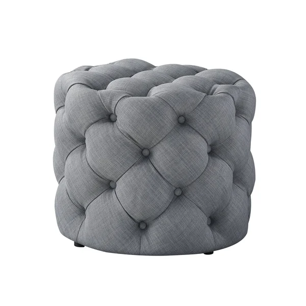 Inspired Home Ottoman Velvet or Linen Tufted Light Grey, Linen