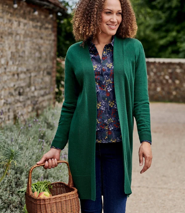 Cashmere and Merino Open Long Cardigan Green