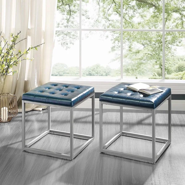 Inspired Home Sydney Faux Leather and Metal Ottoman Blue