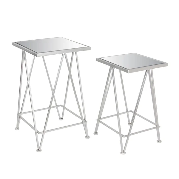 Classy Metal Side Table with Mirror, Set of 2
