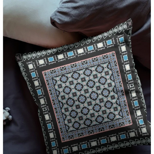 Amrita Sen Floral Windows Suede Zippered Pillow W Insert in Black and Blue - 16x22x16x22