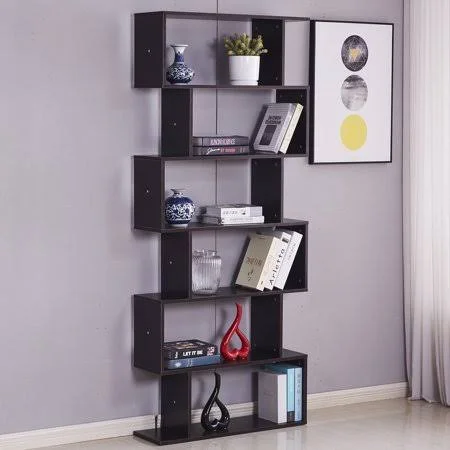 6 Shelf Bookcase - Modern S-Shaped Z-Shelf Style Bookshelf, Multifunctional Wooden Storage Display Stand Shelf Dark Brown