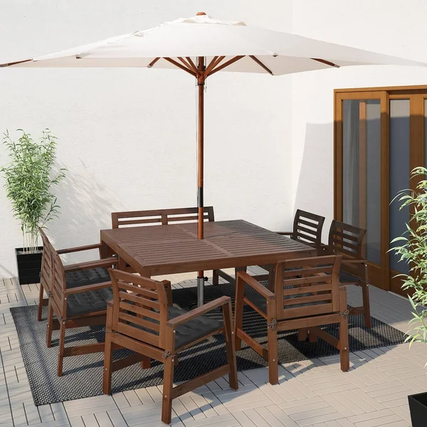 IKEA - 腜PLARÖ Table - 6 armchairs+bench, Outdoor, 腜PLARÖ Brown stained/H錶lö Black