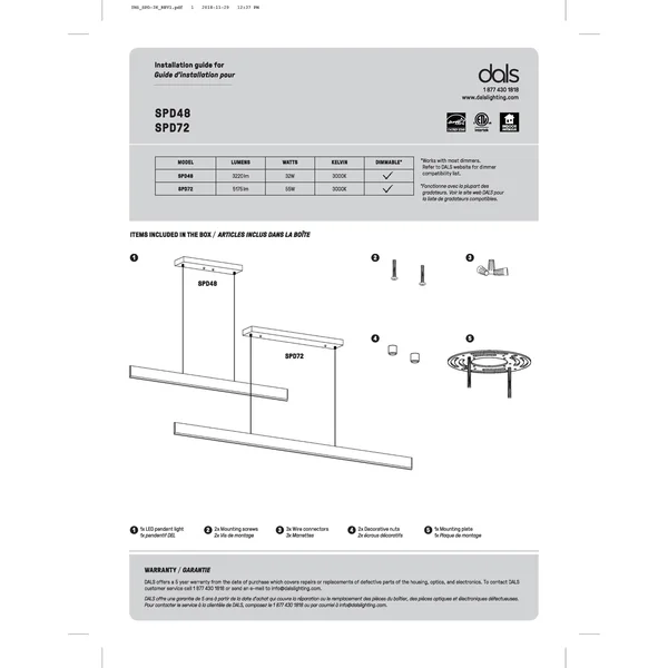 DALS LED Pendant - SPD72-3K-BK