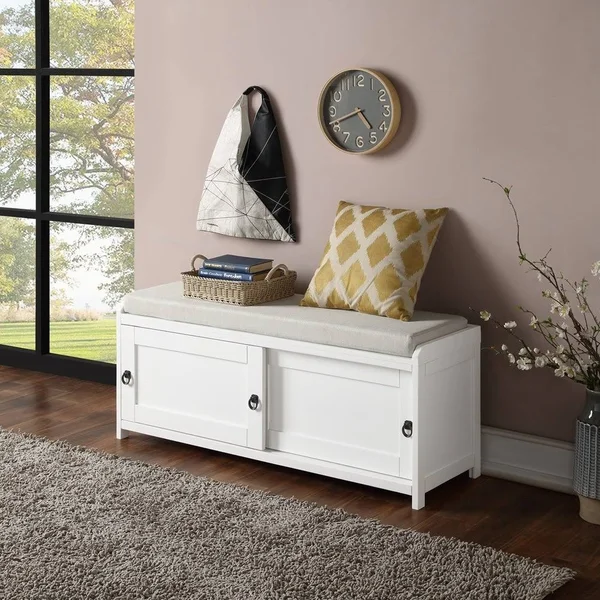Homes Collection Wood Storage Bench with Cabinets - Black