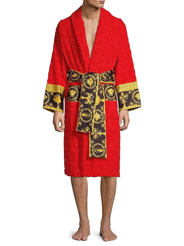 Versace Men's Logo Toweling Baroque Bathrobe - Blue - Size XL