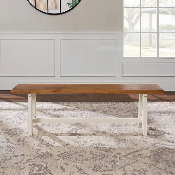 Walker Edison - Farmhouse Solid Wood Dining Bench - White/Brown