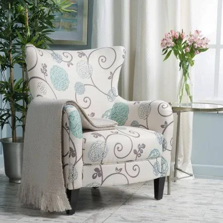 Noble House Charlotte Fabric Club Chair, White and Blue Floral