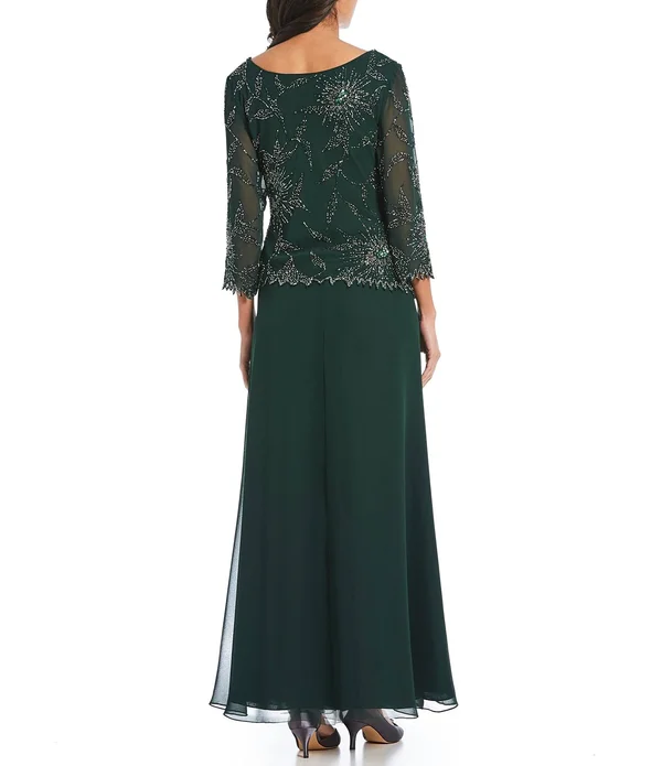 Jkara Asymmetrical Beaded Bodice 34 Sleeve Chiffon Gown - 16