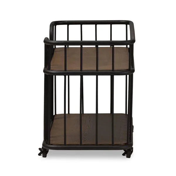 Baxton Studio Porter Rustic Industrial Style Antique Black Textured Finished Metal Distressed Ash Wood Mobile Serving Bar Cart