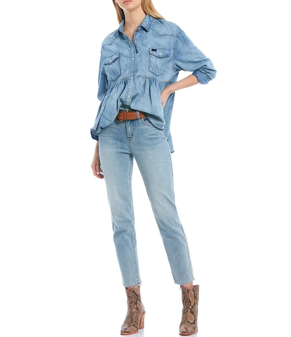 Free People Dylan Babydoll Snap Front Chambray Frayed Hem Blouse, Womens, L, Chambray