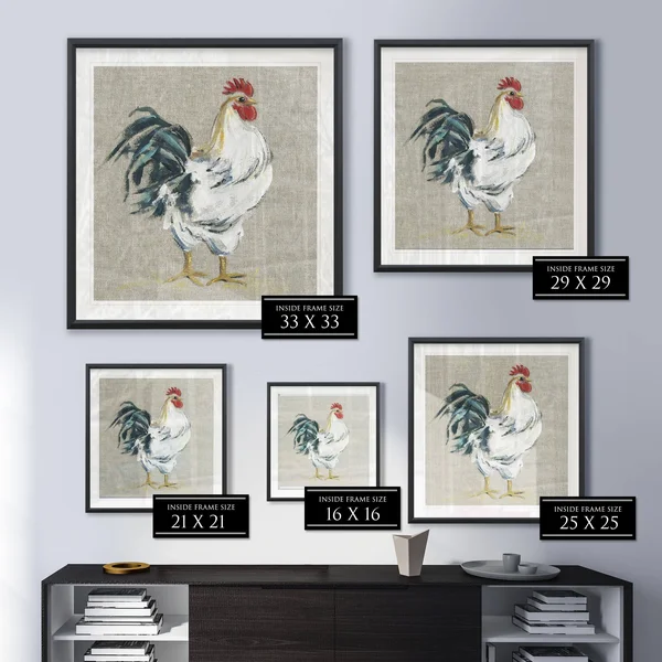 Linen Rooster I -Framed Giclee Print - 16x16