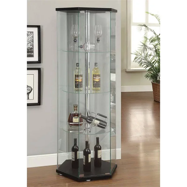 Bowery Hill Glass Hexagonal Curio Cabinet in Black and Chrome