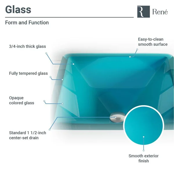 Rene R5-5003-CER-WF 16-1/2x22 Glass Vessel Bathroom Sink with Waterfall Faucet Si Cerulean, Antique