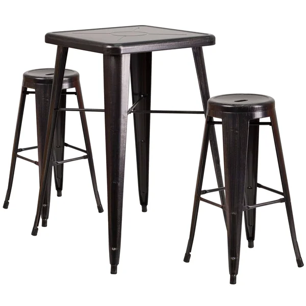 Flash Furniture Black-Antique Gold Metal Indoor-Outdoor Bar Table Set with 2 Backless Barstools