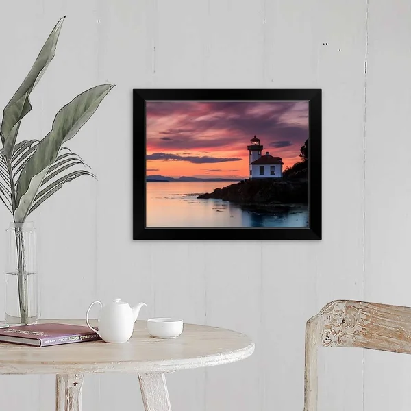 Orange Sunset at Lime Kiln Lighthouse, Black Framed Wall Art, 20x16, Great Big Canvas