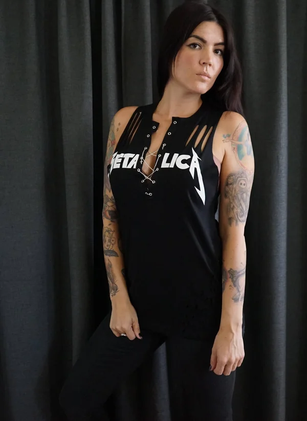 Olivia Paige -DIY Shirt Metallica Top with Lacing Lace Up Shirt Band Tee Band Top